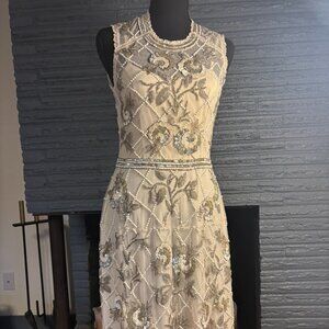 BHLDN Beaded Cocktail Dress Champagne Ivory Floral Sequin Sleeveless Size 6